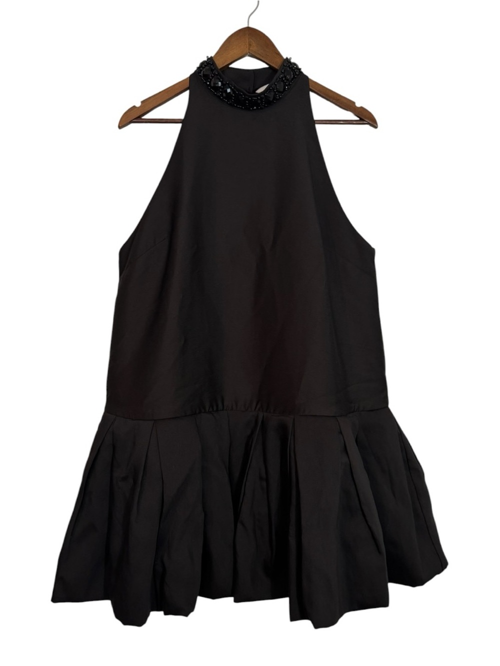 H&M Edition Black Bubble Hem Mini Dress Beaded Neck Pleated Size Large NEW